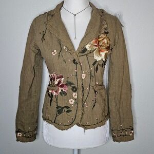WE Tan Corduroy Floral Embroidered Distressed Blazer Jacket